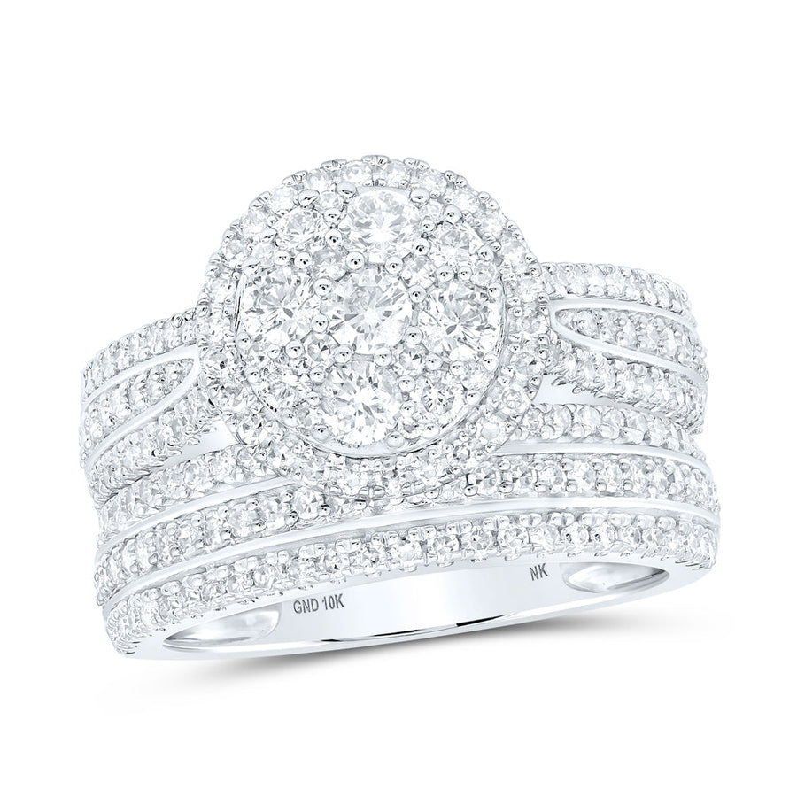 10kt White Gold Round Diamond Cluster Bridal Wedding Ring Band Set 1-3/8 Cttw