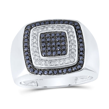 10kt White Gold Mens Round Black Color Treated Diamond Square Ring 3/4 Cttw