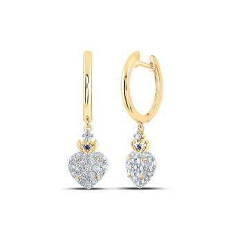 14kt Yellow Gold Womens Round Diamond Hoop Heart Dangle Earrings 1/2 Cttw