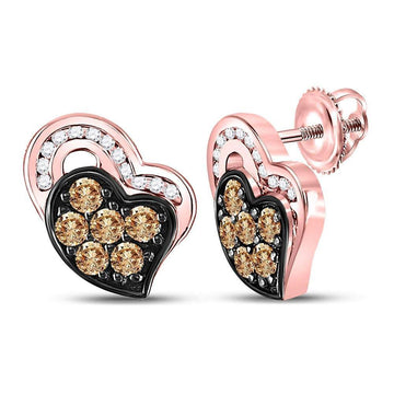 10kt Rose Gold Womens Round Brown Diamond Heart Stud Earrings 3/8 Cttw