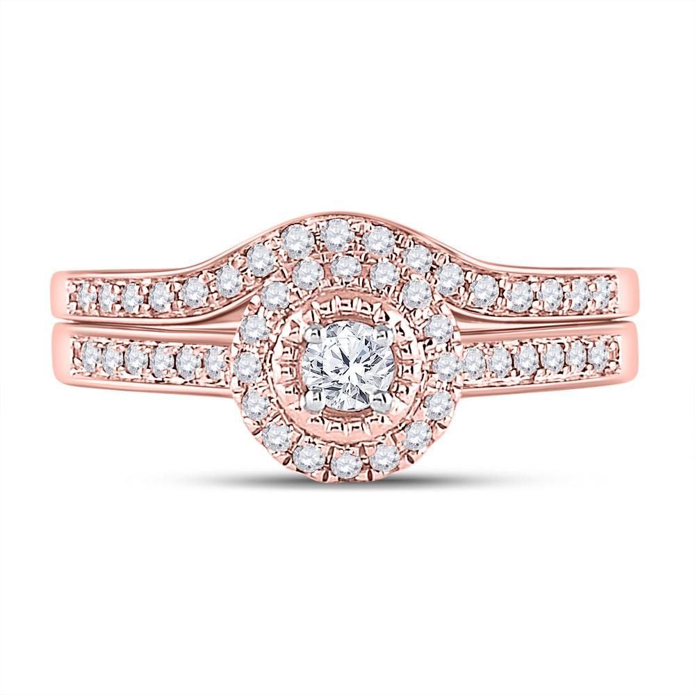 10kt Rose Gold Round Diamond Halo Bridal Wedding Ring Band Set 1/3 Cttw