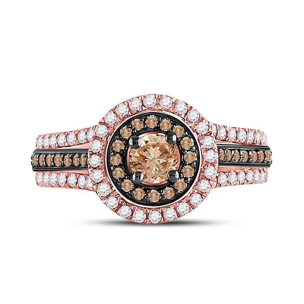 14kt Rose Gold Round Brown Diamond Halo Bridal Wedding Engagement Ring 1 Cttw