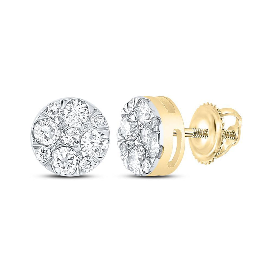 14kt Yellow Gold Womens Round Diamond Flower Cluster Earrings 1 Cttw