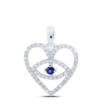 10kt White Gold Womens Round Blue Sapphire Diamond Eye Heart Pendant 1/3 Cttw