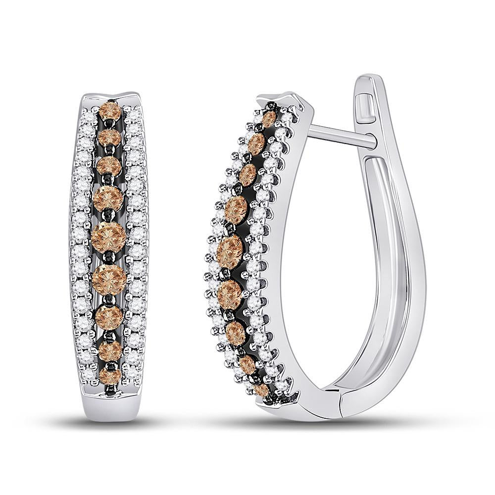 10kt White Gold Womens Round Brown Diamond Hoop Earrings 3/4 Cttw