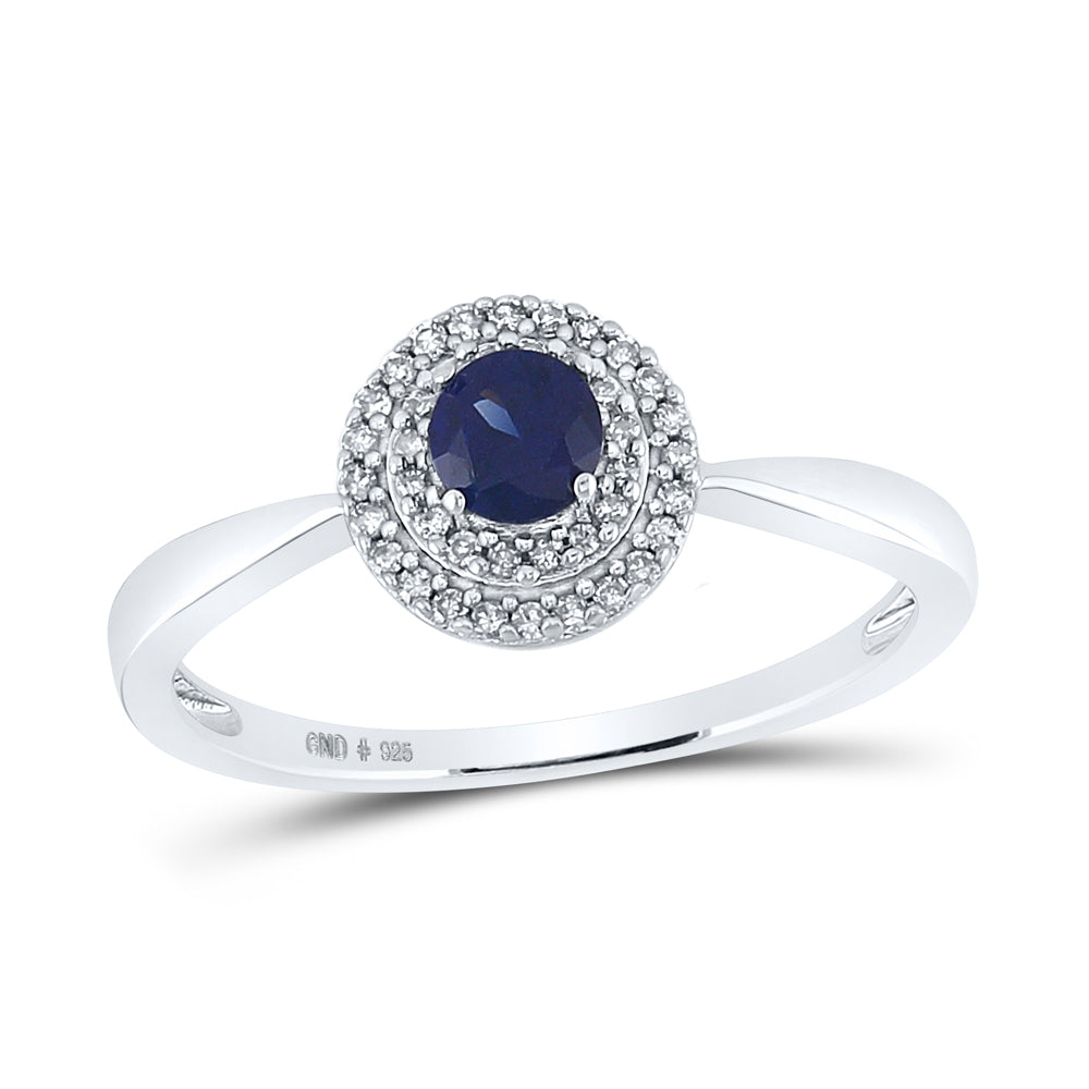 Sterling Silver Womens Round Synthetic Blue Sapphire Diamond Solitaire Ring 1/3 Cttw