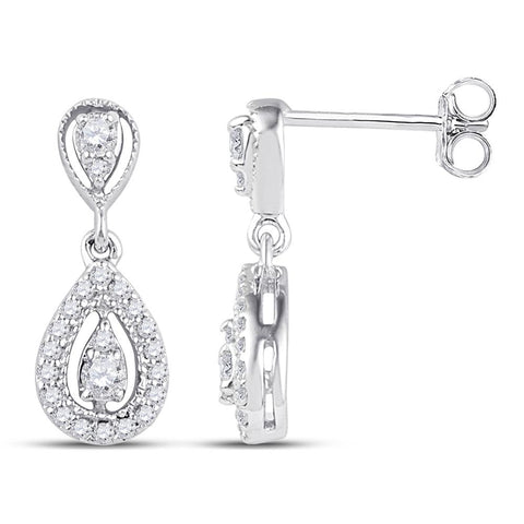 10kt White Gold Womens Round Diamond Teardrop Dangle Earrings 1/3 Cttw