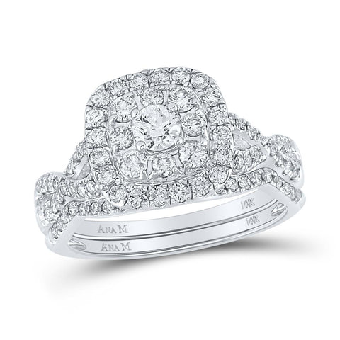 14kt White Gold Round Diamond Halo Bridal Wedding Ring Band Set 1 Cttw