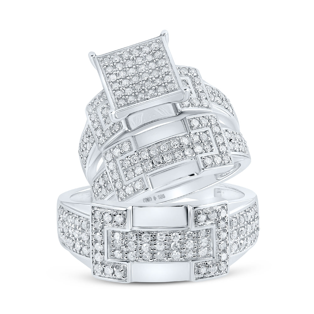 Sterling Silver His Hers Round Diamond Square Matching Wedding Set 1 Cttw