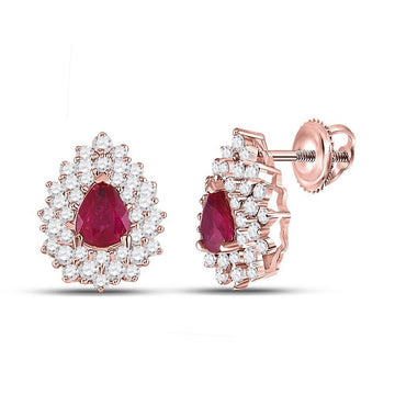 14kt Rose Gold Womens Pear Ruby Diamond Fashion Earrings 1-1/2 Cttw