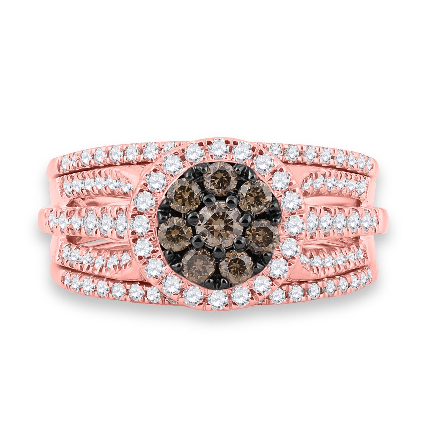 14kt Rose Gold Womens Round Brown Diamond 3-Piece Bridal Wedding Ring Band Set 1 Cttw