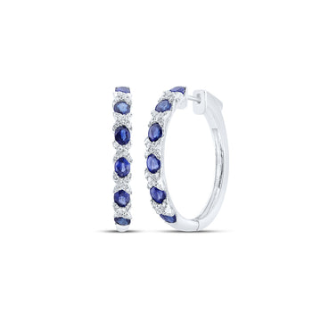 14kt White Gold Womens Oval Blue Sapphire Diamond Hoop Earrings 3-1/3 Cttw