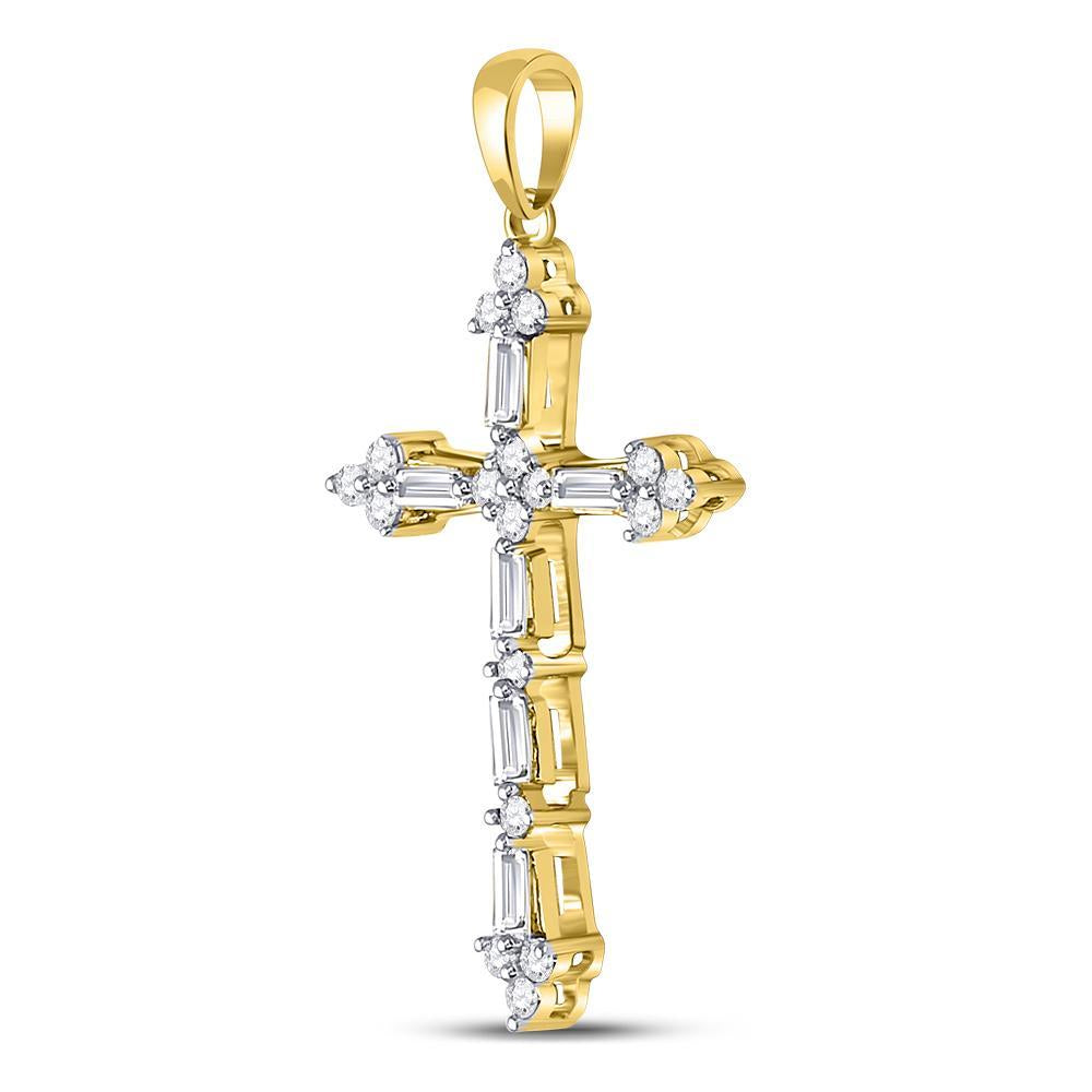 10kt Yellow Gold Womens Round Baguette Diamond Cross Pendant 1/2 Cttw