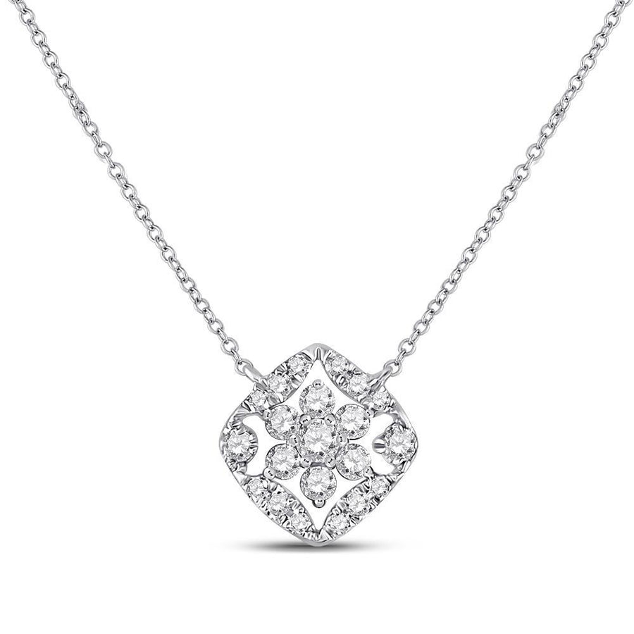 14kt White Gold Womens Round Diamond Floral Cluster Necklace 1/3 Cttw