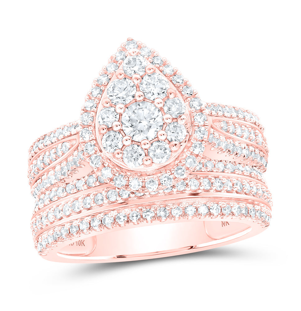 10kt Rose Gold Round Diamond Teardrop Halo Bridal Wedding Ring Band Set 1-1/2 Cttw