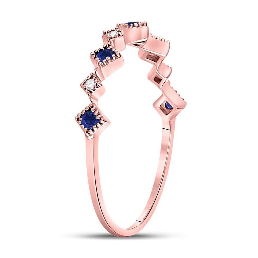 10kt Rose Gold Womens Round Blue Sapphire Diamond Square Stackable Band Ring 1/5 Cttw