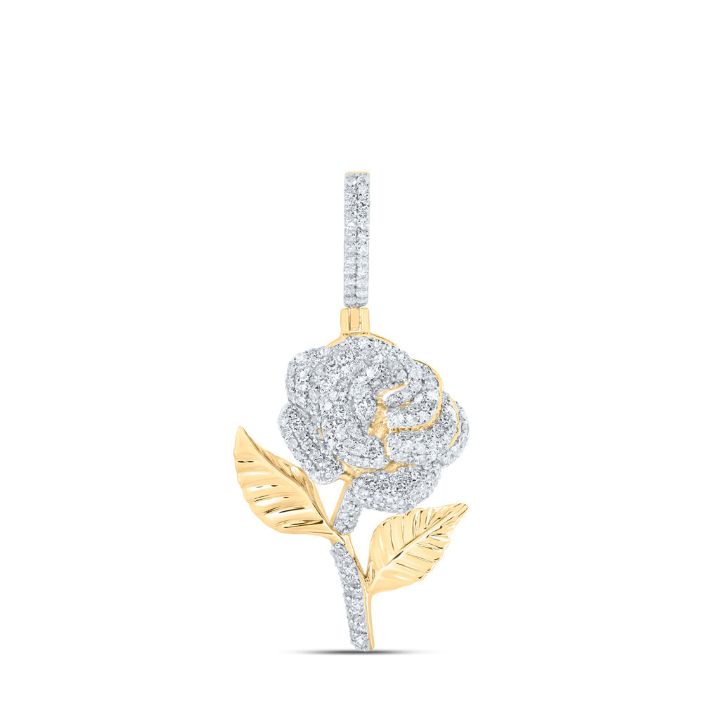 10kt Yellow Gold Mens Round Diamond Rose Flower Charm Pendant 1 Cttw