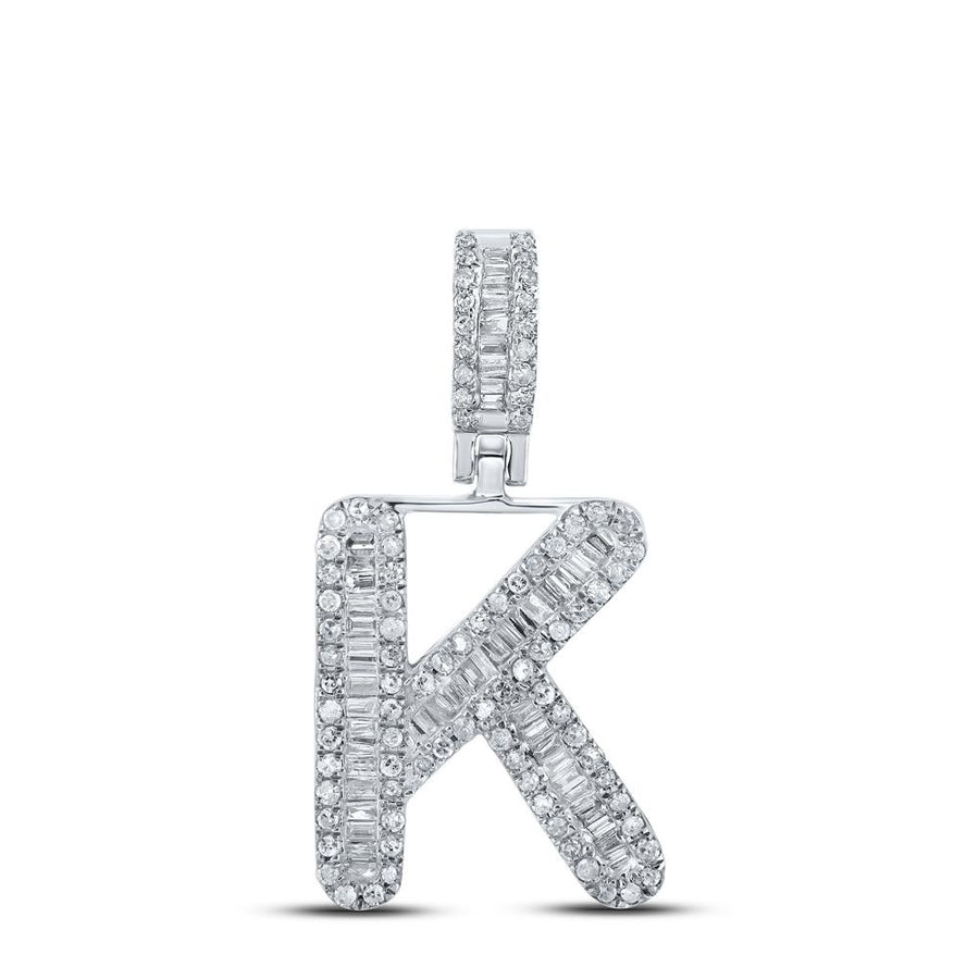10kt White Gold Mens Baguette Diamond K Initial Letter Pendant 3/8 Cttw
