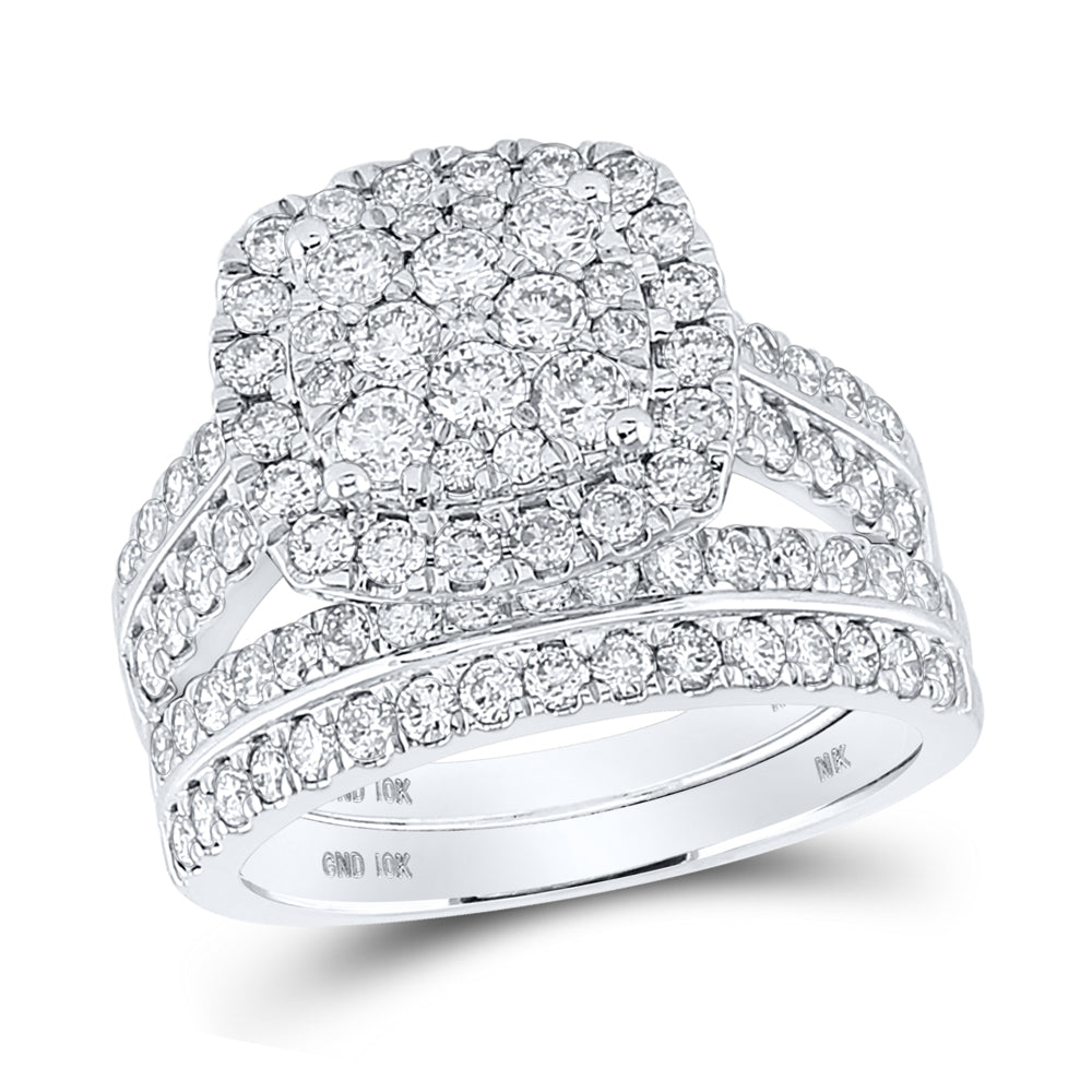 10kt White Gold Round Diamond Square Halo Bridal Wedding Ring Band Set 2 Cttw