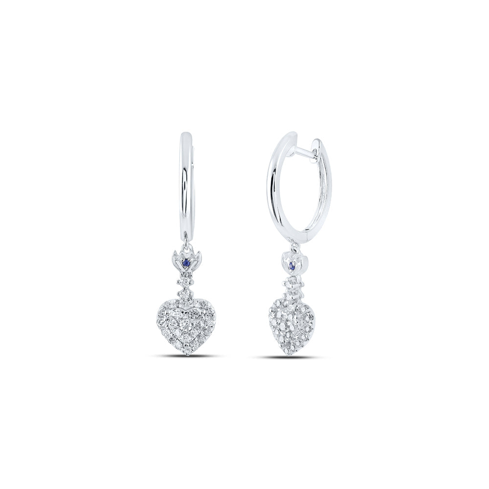 14kt White Gold Womens Round Diamond Heart Hoop Dangle Earrings 1/2 Cttw