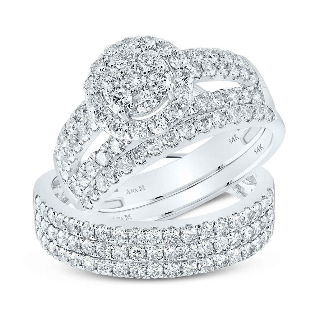 14kt White Gold His Hers Round Diamond Cluster Matching Wedding Set 2-1/3 Cttw