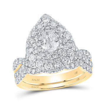 14kt Yellow Gold Pear Diamond Halo Bridal Wedding Ring Band Set 2 Cttw