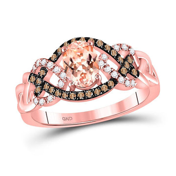 10kt Rose Gold Womens Oval Morganite Brown Diamond Fashion Ring 1 Cttw