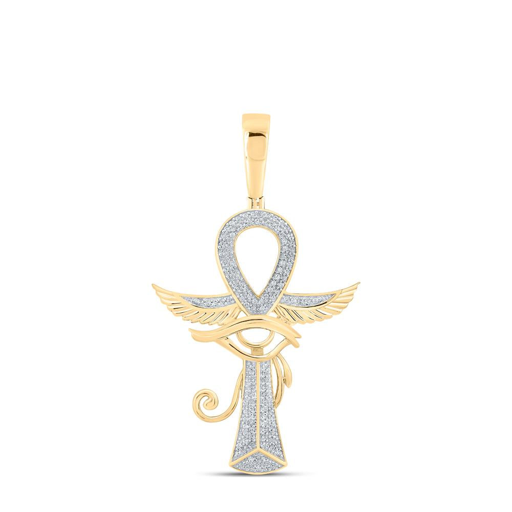 10kt Yellow Gold Mens Round Diamond Ankh Eye Cross Charm Pendant 1/3 Cttw