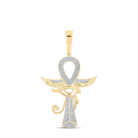 10kt Yellow Gold Mens Round Diamond Ankh Eye Cross Charm Pendant 1/3 Cttw