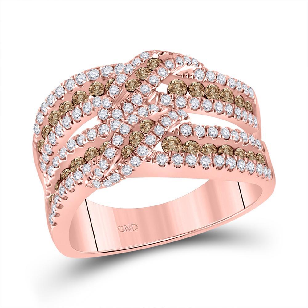 14kt Rose Gold Womens Round Brown Diamond Crossover Band Ring 1-1/3 Cttw
