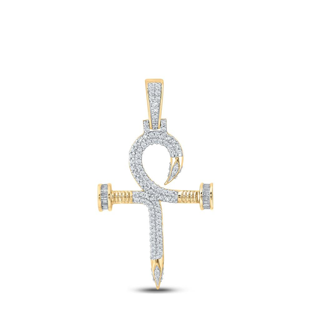 10kt Yellow Gold Mens Baguette Diamond Nail Cross Ankh Charm Pendant 3/4 Cttw