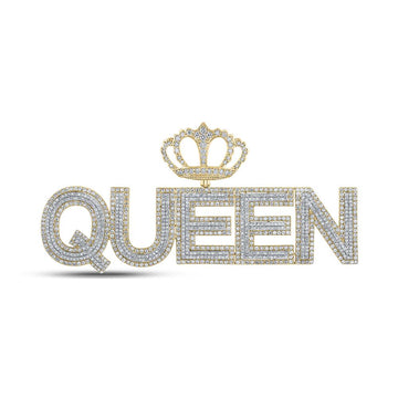 10kt Two-tone Gold Mens Round Diamond QUEEN Crown Phrase Charm Pendant 5 Cttw