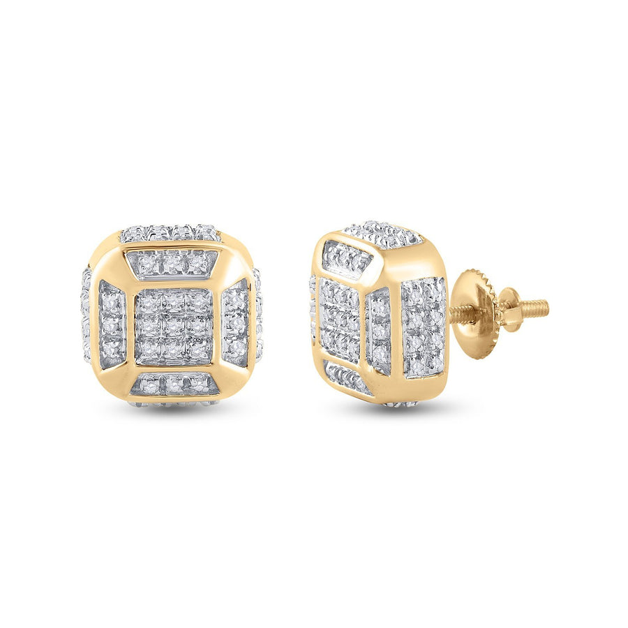 10kt Yellow Gold Mens Round Diamond Cushion Cluster Earrings 1/4 Cttw