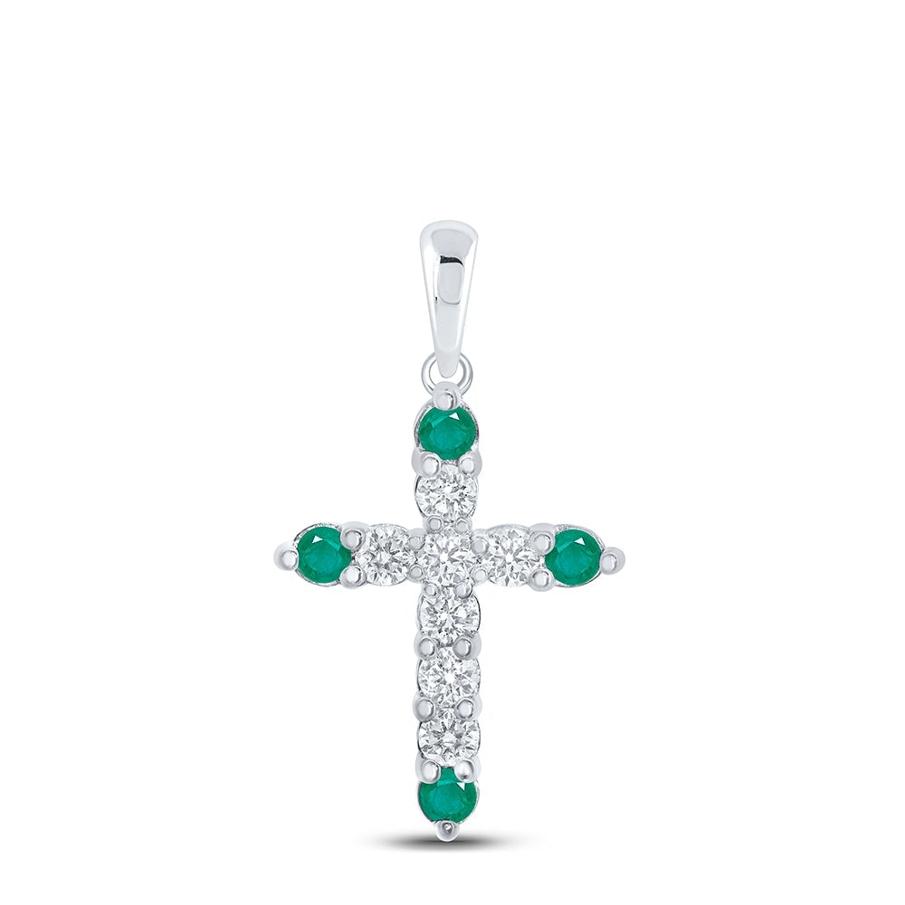 10kt White Gold Womens Round Emerald Diamond Cross Pendant 3/8 Cttw