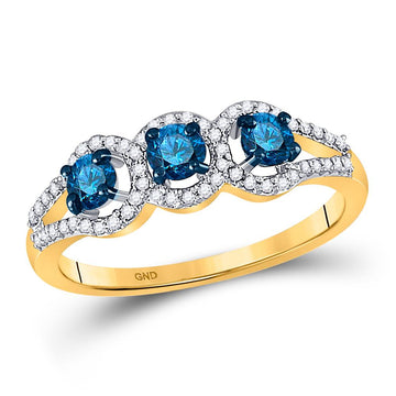 10kt Yellow Gold Round Blue Color Enhanced Diamond 3-stone Bridal Wedding Ring 5/8 Cttw