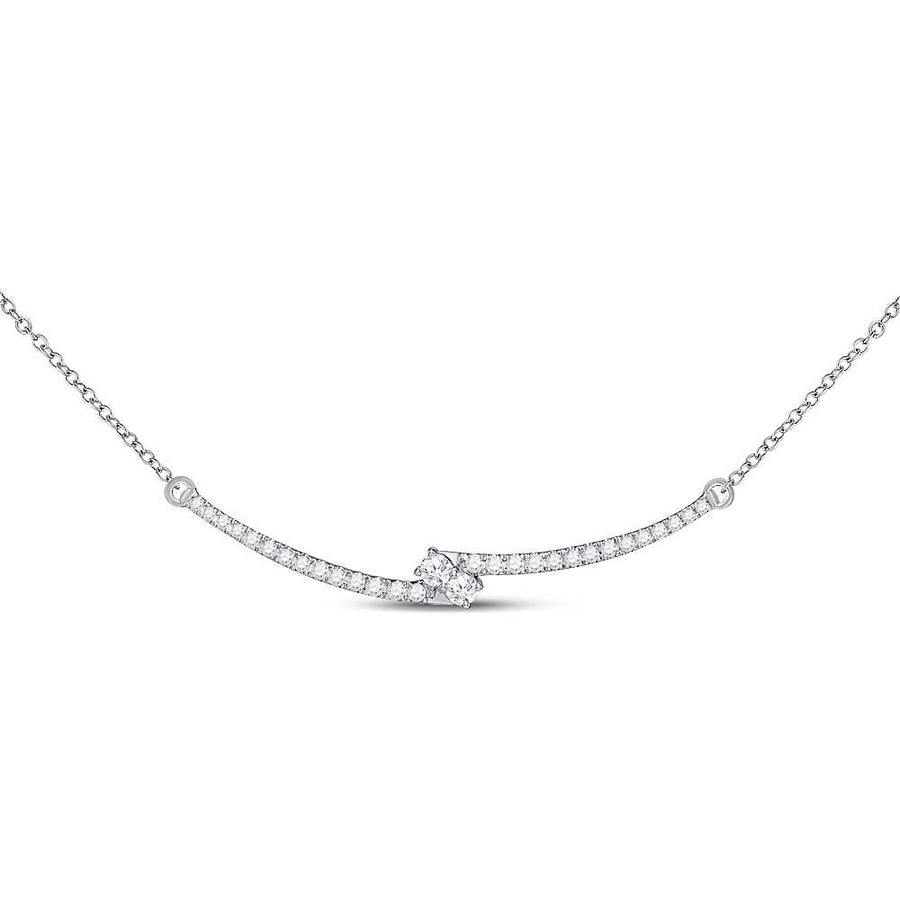 14kt White Gold Womens Round Diamond Curved Bar 2-stone Necklace 1/2 Cttw