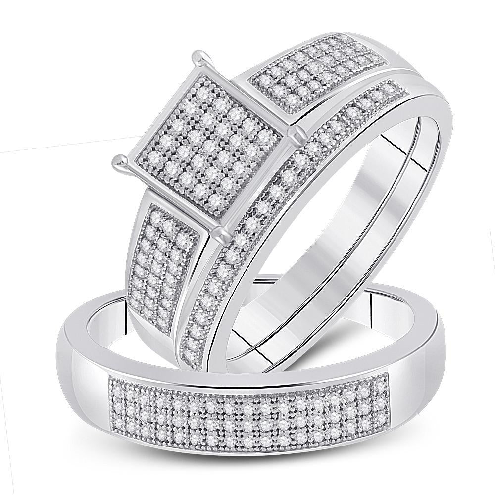 Sterling Silver His Hers Round Diamond Square Matching Wedding Set 3/8 Cttw