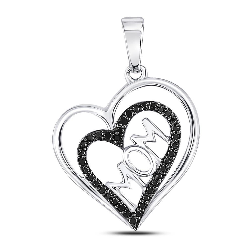 10kt White Gold Womens Round Black Color Enhanced Diamond Mom Heart Pendant 1/8 Cttw