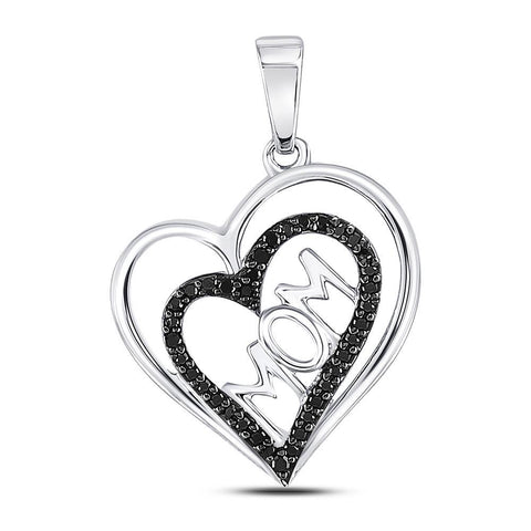 10kt White Gold Womens Round Black Color Enhanced Diamond Mom Heart Pendant 1/8 Cttw