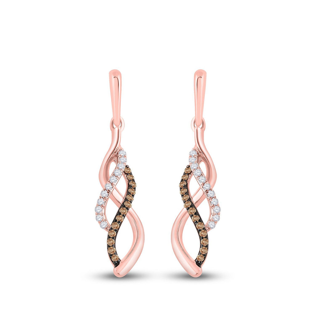 14kt Rose Gold Womens Round Brown Diamond Dangle Earrings 1/5 Cttw