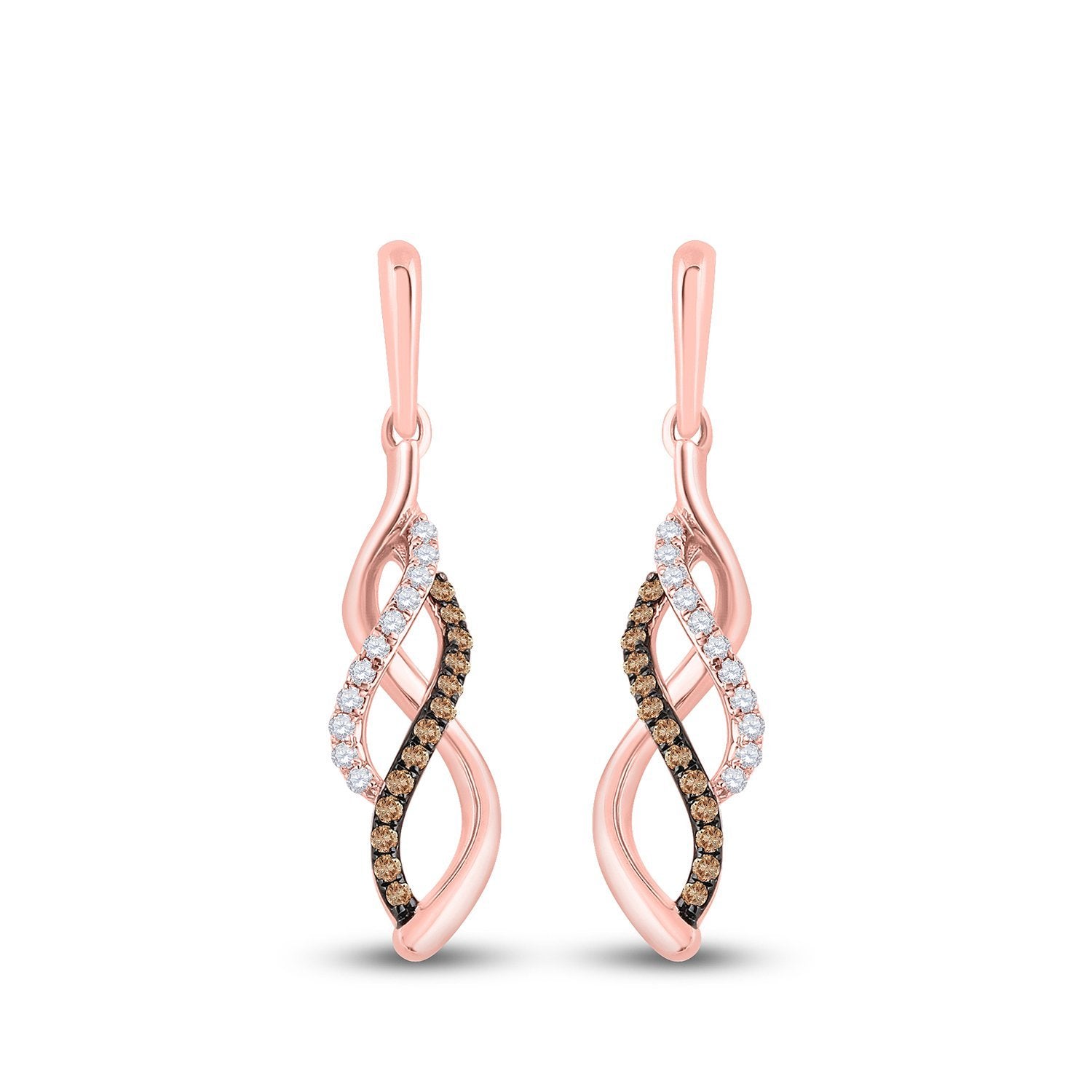 14kt Rose Gold Womens Round Brown Diamond Dangle Earrings 1/5 Cttw