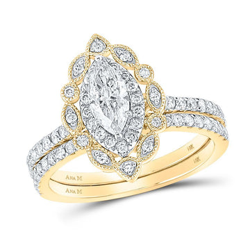 14kt Yellow Gold Marquise Diamond Bridal Wedding Ring Band Set 1-1/4 Cttw
