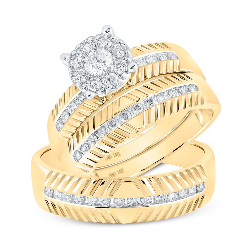 14kt Yellow Gold His Hers Round Diamond Cluster Matching Wedding Set 3/4 Cttw