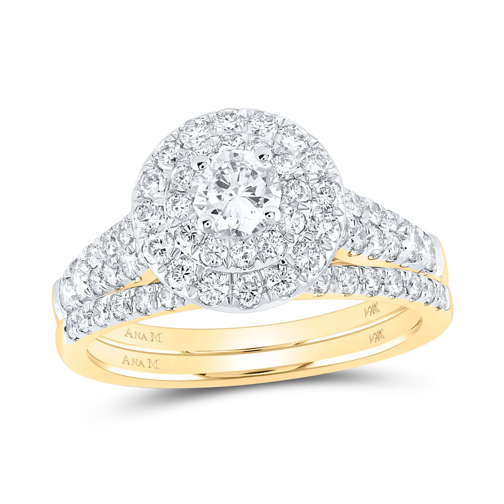 14kt Yellow Gold Round Diamond Halo Bridal Wedding Ring Band Set 1-1/2 Cttw