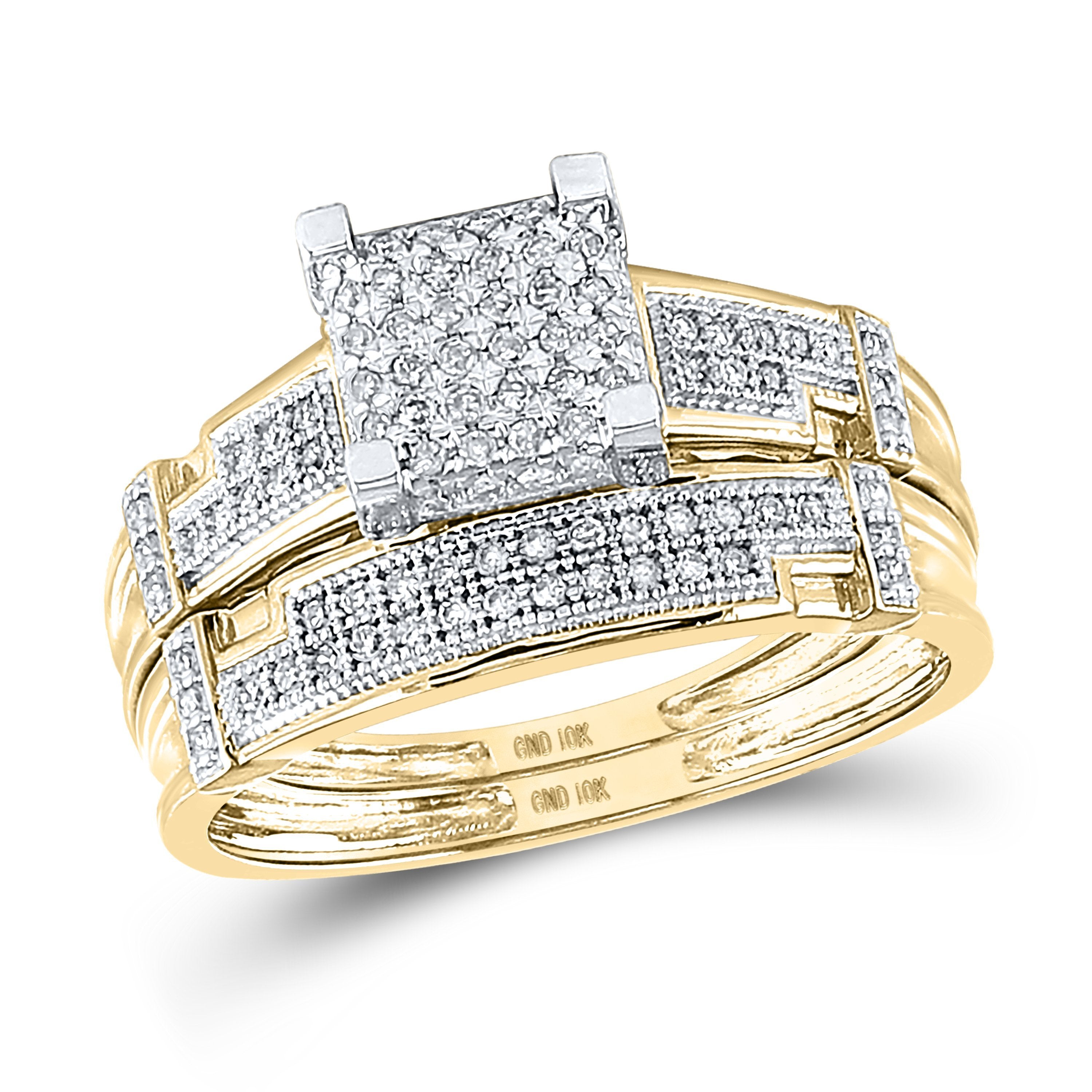 10kt Yellow Gold His Hers Round Diamond Square Matching Wedding Set 1/2 Cttw