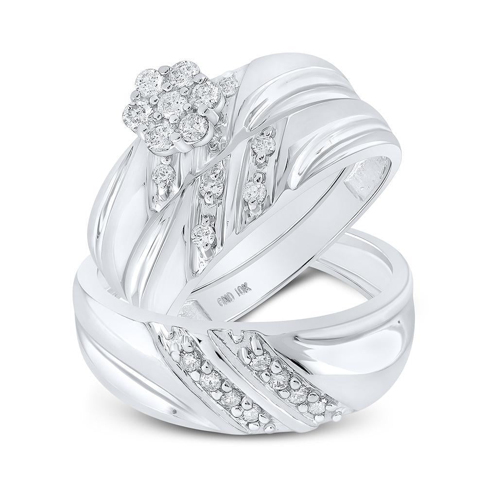 10kt White Gold His Hers Round Diamond Cluster Matching Wedding Set 3/8 Cttw