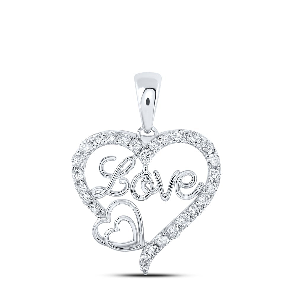 10kt White Gold Womens Round Diamond Love Heart Pendant 3/8 Cttw