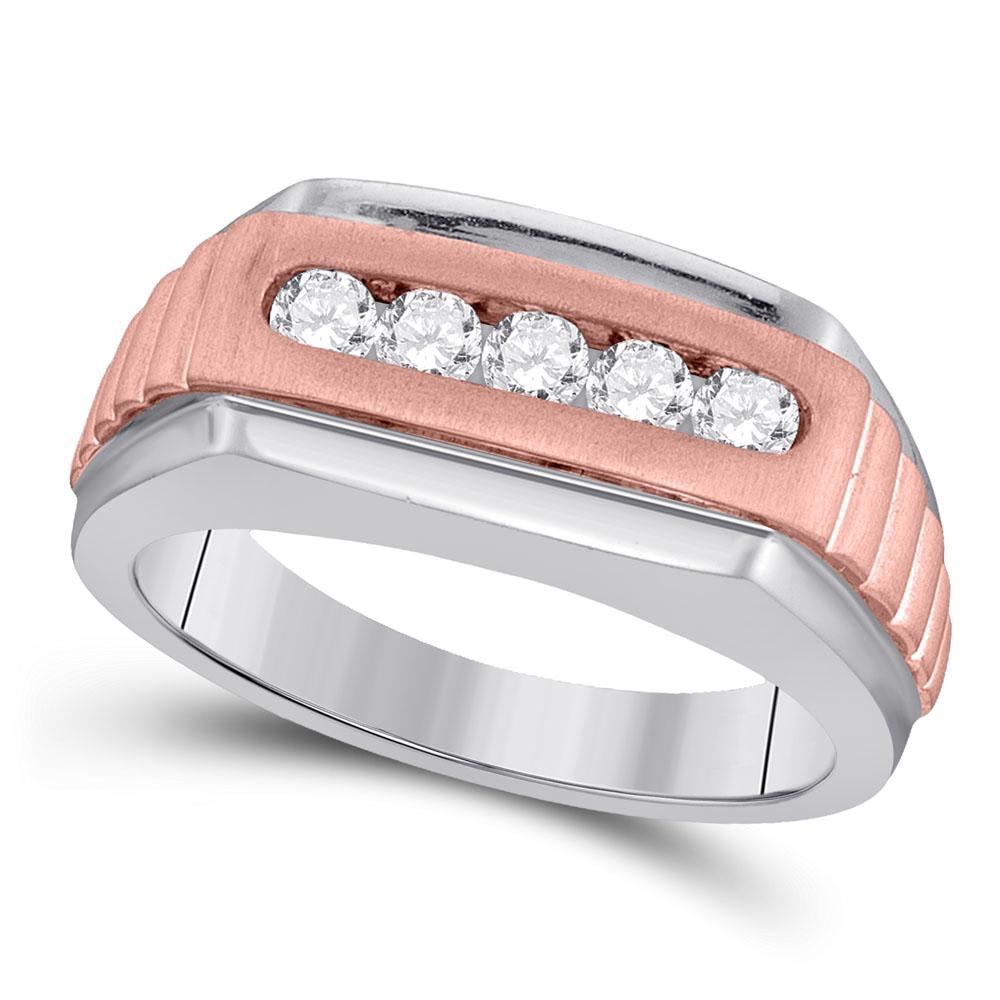 10kt Two-tone Gold Mens Round Diamond Wedding Ribbed 5-Stone Band Ring 1/2 Cttw