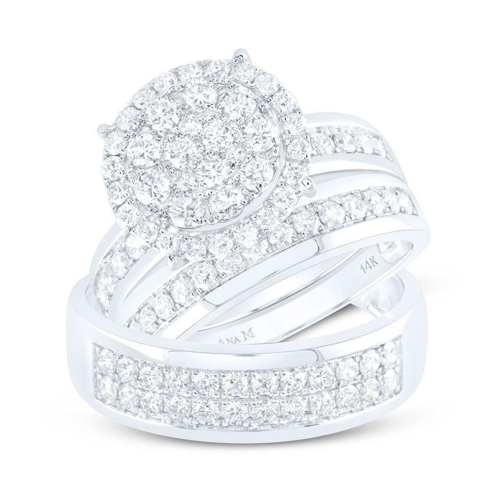 14kt White Gold His Hers Round Diamond Cluster Matching Wedding Set 1-7/8 Cttw