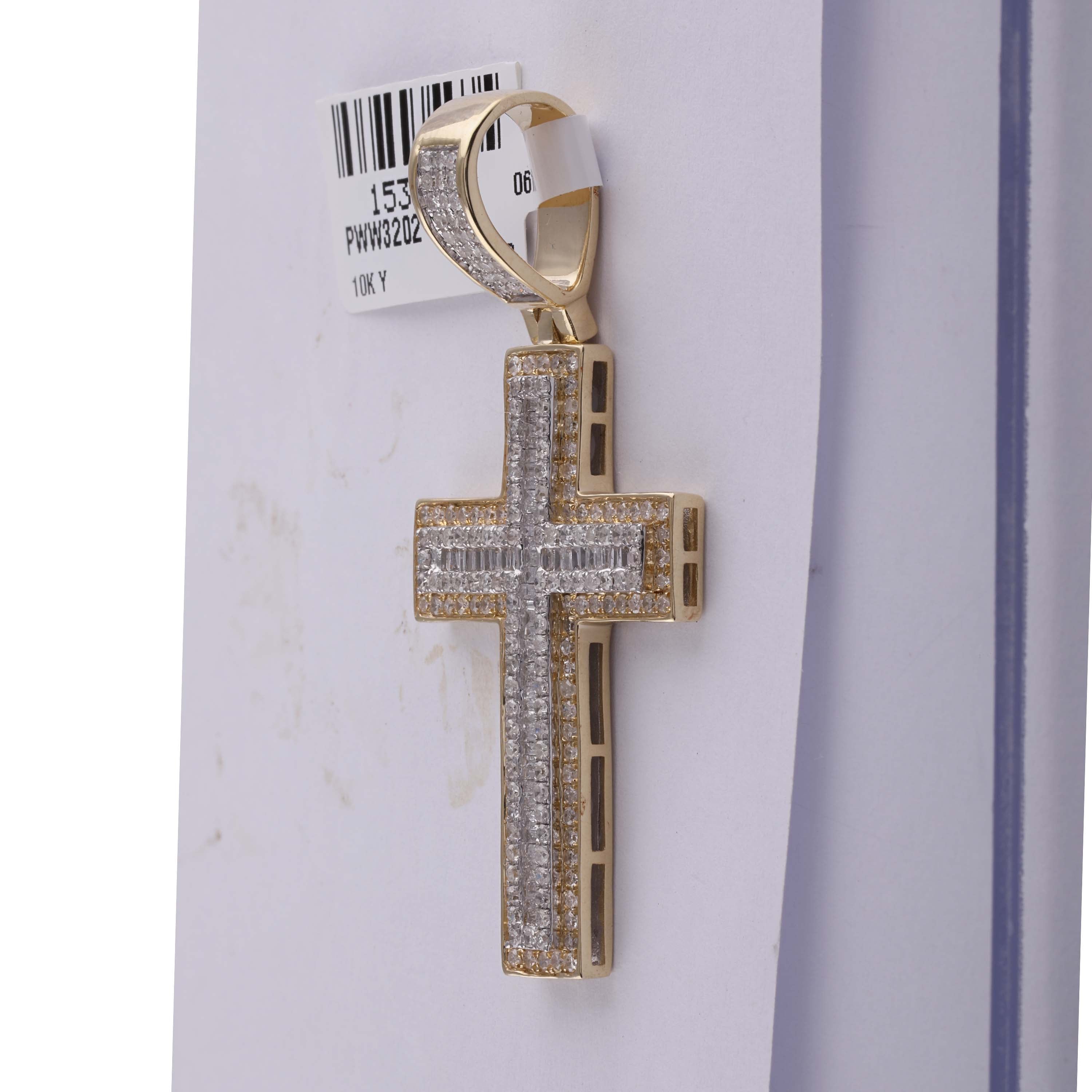 10kt Yellow Gold Mens Baguette Diamond Cross Charm Pendant 1-1/2 Cttw